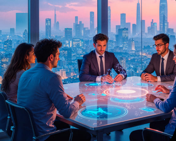 Business team meeting in a modern office with city view