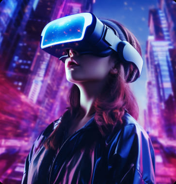 Professional wearing VR glasses in a futuristic city